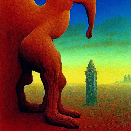 Prompt: a giant rabbit stands over a city painting by beksinski, by larry elmore, dali and barlowe colors. masterpiece painting