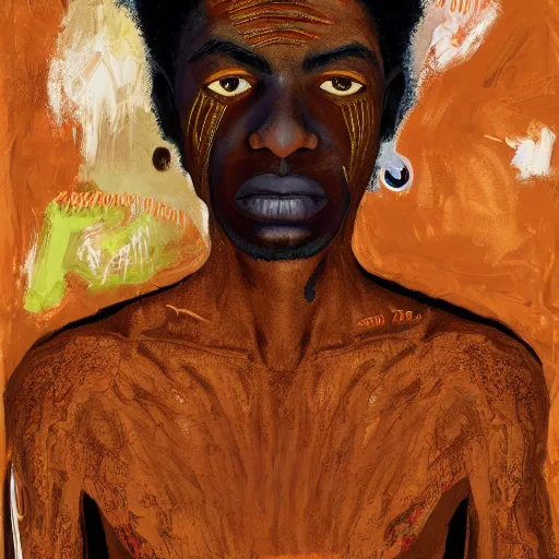 Prompt: a professionally painted african male model , clothed in ancient street wear, dark skin, deep reddish gold hair, beautiful bone structure, big symmetrical scar features, stunningly, beautiful, intricate, elegant, digital painting, smooth, sharp focus, illustration, made by, Jacob Lawrence, Sam Gilliam, Edmonia Lewis, Jean-Michel Basquiat, Henry Taylor