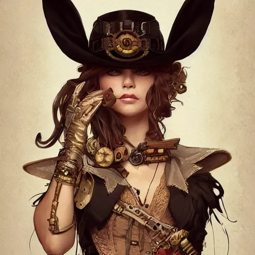 Prompt: outlaw rabbit wearing steampunk costume, fantasy, intricate, very very beautiful, elegant, highly detailed, digital painting, artstation, concept art, smooth, sharp focus, illustration, art by artgerm and greg rutkowski and alphonse mucha