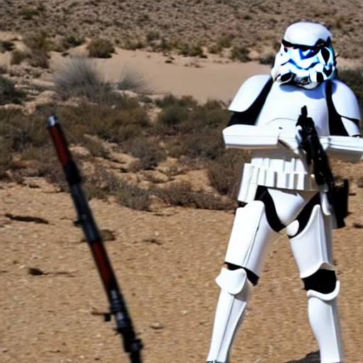 Image similar to Action shot of stormtrooper having a firefight with jedi knights, lightsabers and lasers, desert