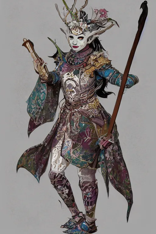 Prompt: full - body portrait, female changeling in floral - patterned light armor, wielding a decorated halberd, barefoot in sandals, noh theatre mask, capricious, energetic, provocative, realistic proportions, reasonable fantasy, in the style of dnd illustrations, tabletop rpg.