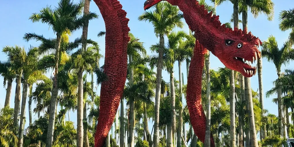 Image similar to photo of a very long neck godzilla nibbling on palm trees, silly, funny, weird and odd