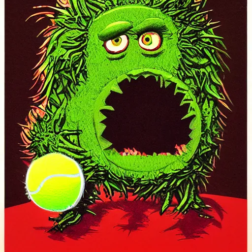 Image similar to a tennis ball monster, tennis ball, dark, chalky, virgin mary, pope, digital art, fantasy, magic, trending on artstation, ultra detailed, professional illustration by Basil Gogos