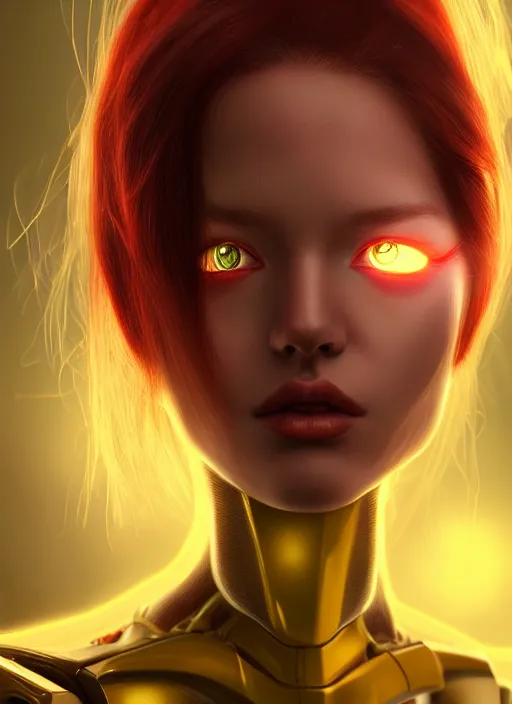 Prompt: detailed portrait of perfect deep red haired girl, android, warframe armor, beautiful, pretty face, yellow cyborg eyes, innocent, scifi, 4 k, sun yunjoo, ultra realistic, aura of light, cinematic lighting, highly detailed, sharp focus, artstation, masterpiece, art by hyungjin yang