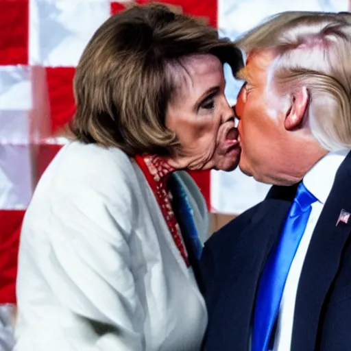 Image similar to donald trump kissing nancy pelosi with tongue, american flag behind