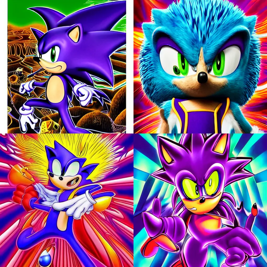 Prompt: surreal, sharp, detailed professional, high quality airbrush art portrait MGMT album cover of a liquid dissolving DMT sonic the hedgehog, purple checkerboard background, 1990s 1992 Sega Genesis video game box art sonic the hedgehog