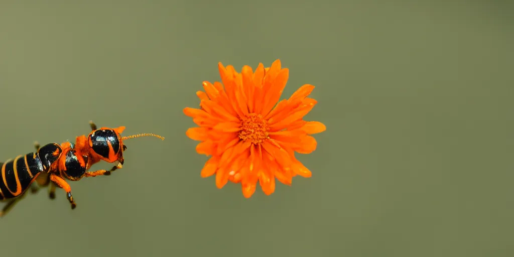 Prompt: a close up photo of an orange colored flower, a single green leaf is coming out of the flowers stalk, a tiny beetle is walking on the leaf, high resolution macro image 35mm