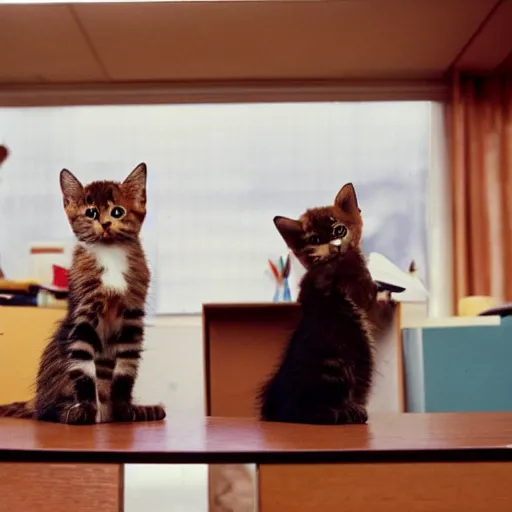 Prompt: anthropomorphic cute kittens sitting at their desks on the first day of kindergarten, medium shot by Wes Anderson