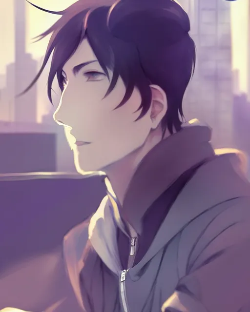 Image similar to handsome masculine man wearing fashionable street attire, sitting down with an intimidating appearance, octane render, unreal engine 5, trending on pixiv fanbox, by greg rutkowski makoto shinkai takashi takeuchi studio ghibli, akihiko yoshida