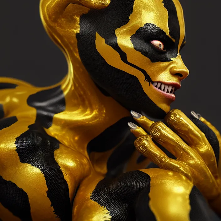 Image similar to female gold and black venom, naturel, hyper detailed, digital art, trending in artstation, cinematic lighting, studio quality, smooth render, unreal engine 5 rendered, octane rendered, art style by klimt and nixeu and ian sprigger and wlop and krenz cushart