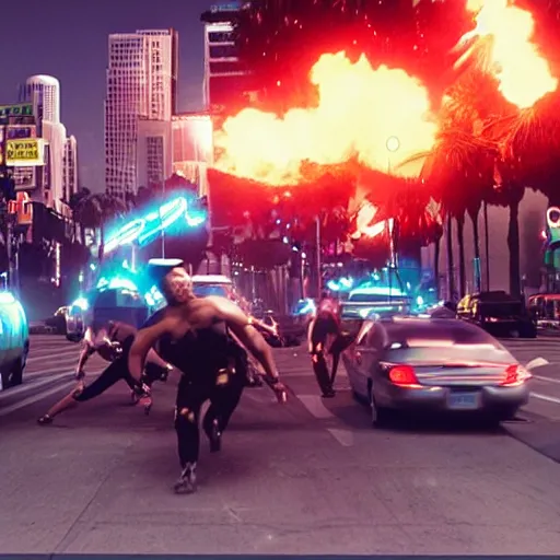 Image similar to film still of 'Los Angeles Future Squad 2050'. Epic action scene. Sigma 85mm f/8