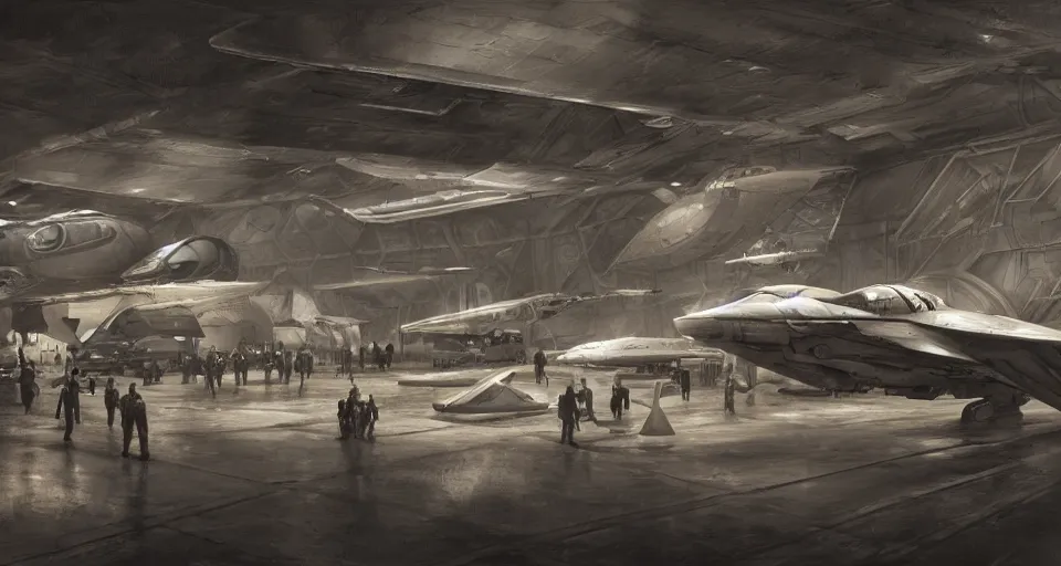 Image similar to inside the hangar of a starship, pilots run towards a fighter craft, photo sepia tone, realistic, detailed, hyperrealistic, dark sci - fi, by rutkowski, 8 k, artstation