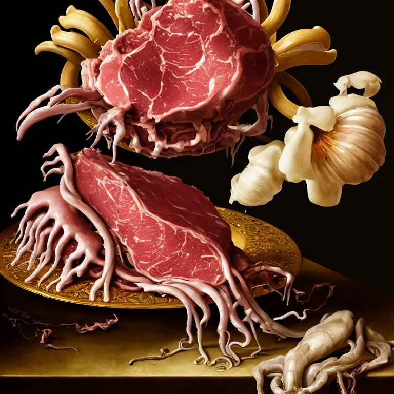 Image similar to still life of rotten meat flesh, white xenomorph, beautiful pastel tropical flowers, metallic human spine, colorful mold, baroque painting, beautiful detailed intricate insanely detailed octane render, 8K artistic photography, photorealistic, chiaroscuro, Raphael, Caravaggio