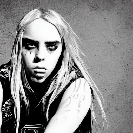 Image similar to billie eilish in a heavy metal album cover