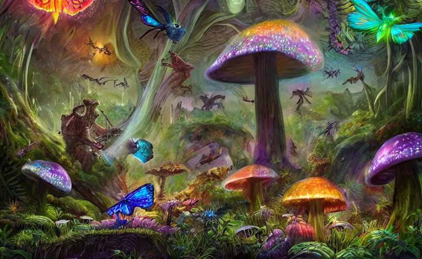 Prompt: a whimsical painting of fairies and butterflies with iridescent wings in a jurassic garden world with dinosaurs. giant mushrooms. night time. bioluminescent glow. dark atmosphere. high contrast. pulp - science fiction art. fantasy art. highly detailed. 4 k. trending on artstation