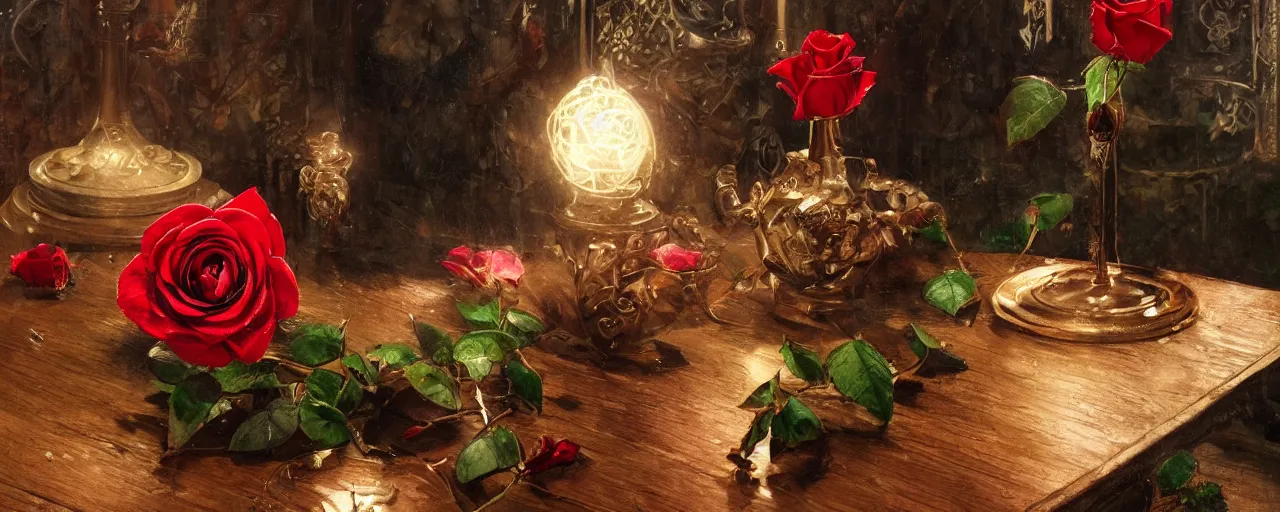 Prompt: a single red rose is on a wooden table with subtle carved filigree and drops of blood, scattered emeralds, close up view, dramatic lighting, DOF, soft, sharp focus, art nouveau, intricate artwork by Ruan Jia and Greg Rutkowski