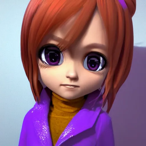 Image similar to portrait of a chibi very cute girl with purple jacket design by antonio mello, carlos ortega elizalde, character modeling, toy design, substance 3 d painter, blender, mental ray, zbrush, soft vinyl, bio luminescent, maximalist sculpted design portrait, studio photo, 7 0 mm lens, trending in artstation