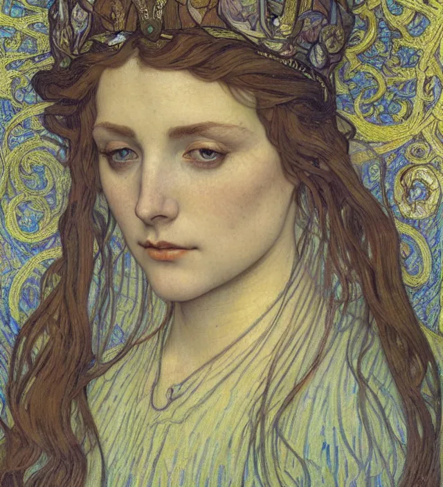 Image similar to detailed realistic beautiful young medieval queen face portrait by jean delville, alphonse mucha, vincent van gogh, and marco mazzoni, art nouveau, symbolist, visionary, gothic, pre - raphaelite