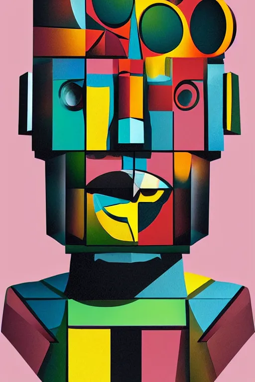 Image similar to cubist moai statue cutout digital illustration cartoon colorful beeple