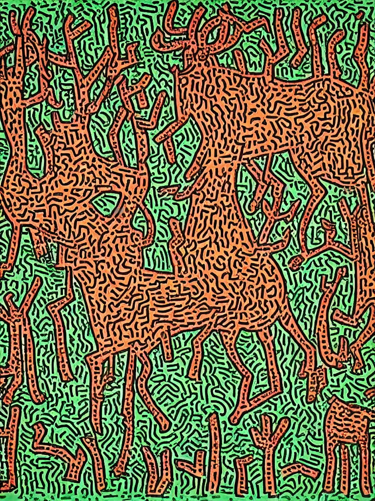 Prompt: a deer in the forest, Keith Haring