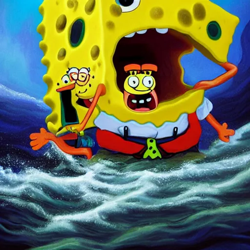 Image similar to spongebob squarepants rides the alaskan bull worm, extremely detailed oil painting, high clarity, highly detailed, abstract, deep aesthetic, 8 k, highly ornate intricate details, cinematic lighting, rich colors, digital artwork, beautiful scenic view, ray tracing, hyperrealistic, photorealistic, cinematic landscape, trending on artstation, concept art,