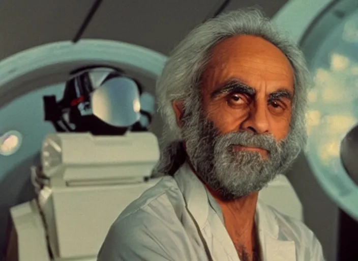 Prompt: film still of 30 year old Tommy Chong as Dr. Dave Bowman in 2001 A Space Odyssey