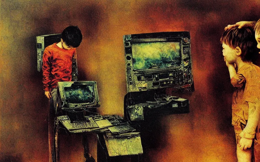 Image similar to early color photo of an boy standing and looking at an old PC computer monitor from 90s in an old soviet apartment, Beksinski impasto painting, part by Adrian Ghenie and Gerhard Richter. art by Takato Yamamoto, masterpiece