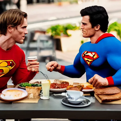 Prompt: homelander having a meal with superman at a cafe