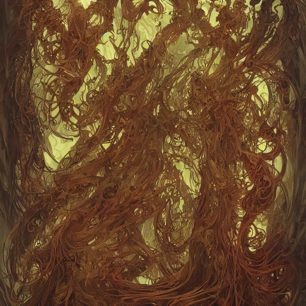 Image similar to veiny fungus demon monsters by chris mars and alphonse mucha, intense lighting, intricate, elegant, nightmare, highly detailed, digital painting, artstation, concept art, smooth, sharp focus, illustration