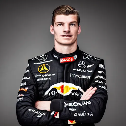 Image similar to a portrait of a mercedes f 1 driver in a black overall with the face of max verstappen, peofessional portrait photography, ambient light