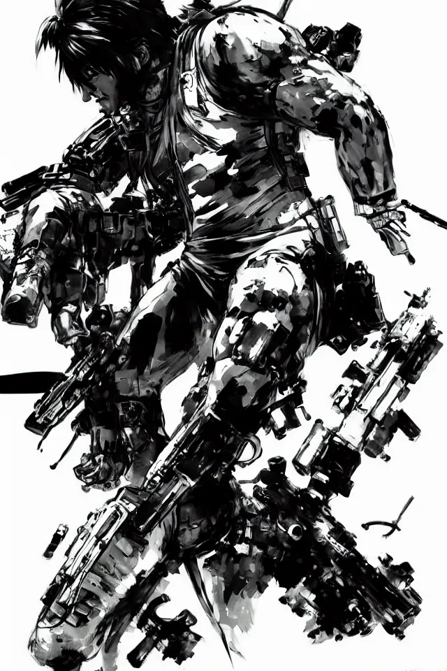 Image similar to a full - body portrait of the tiktoker anna banana, in yoji shinkawa's art style, metal gear solid art style, highly detailed, 4 k, artistic, white background, b & w