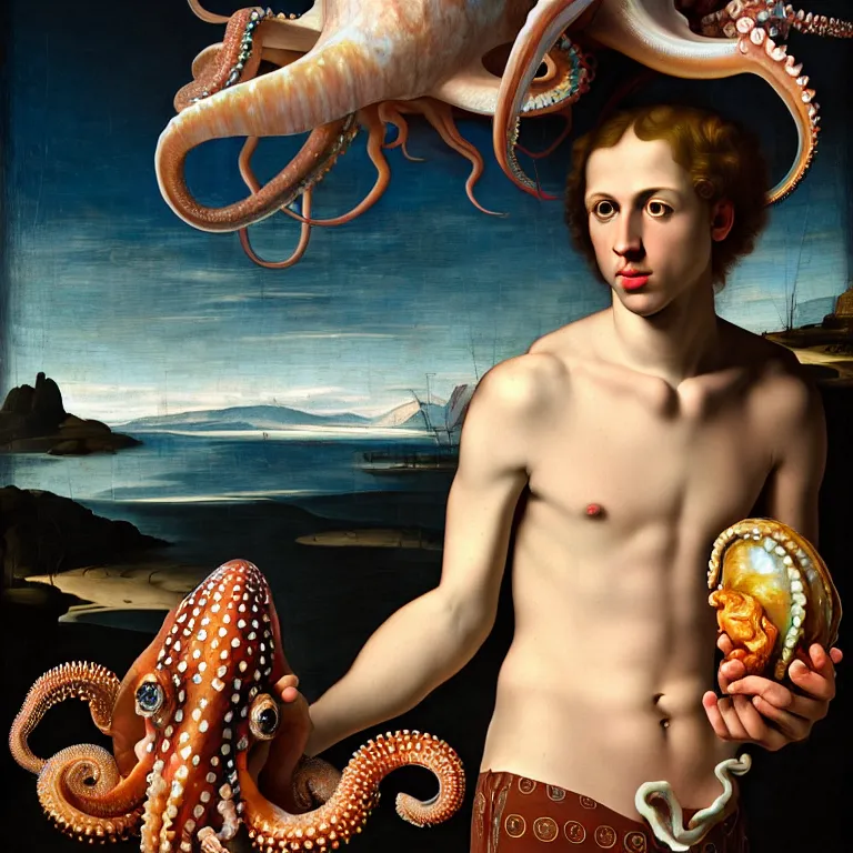 Prompt: young white man standing in a shell, holding a squid, octopus, sea in the background, beautiful baroque portrait painting, psychedelic, trippy, hallucination, dream, beautiful detailed intricate insanely detailed octane render trending on Artstation, 8K artistic photography, photorealistic, chiaroscuro, Raphael, Caravaggio,