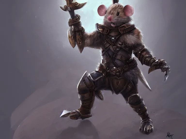 Image similar to warrior mouse with armor reaches for floating crystal, RPG Portrait, trending on Artstation, Pose Study, Photorealistic, ultra detailed, award winning