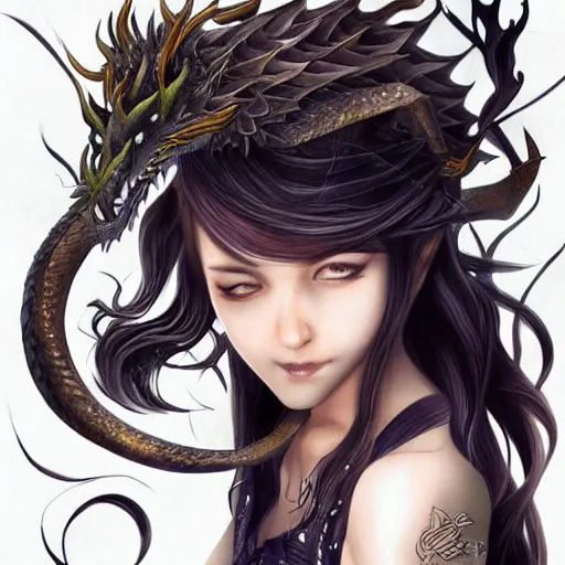 Image similar to punishment dragon, heroine, beautiful, playful smile, detailed portrait, intricate complexity, in the style of Artgerm, Kazuki Tanahashi, and Ross Tran, cel-shaded