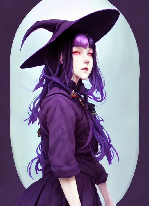 Prompt: side portrait of a rugged girl witch wearing magic school uniform, large wide - brimmed witch hat, cinematic, black to purple fade hair color, elaborate, elegant, masterpiece, illustration, digital painting, concept art, trending on artstation, pixiv, art by ruan jia and hong soonsang and wlop and artgerm and greg rutkowski and alphonse mucha