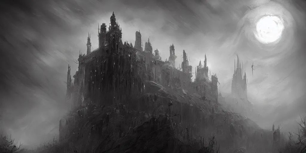 Image similar to grimdark fantasy fortress, terrifying, looming, dark, fog, dark souls, soulborne, artstation