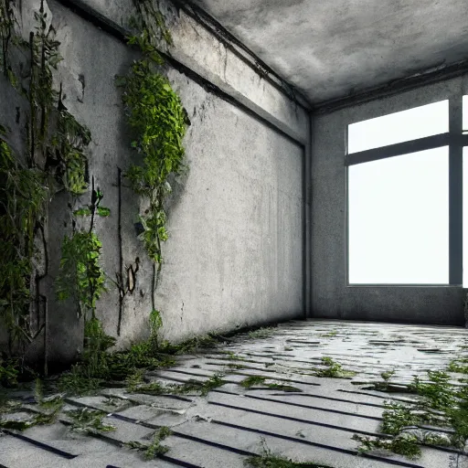 Prompt: interior of a building in an overgrown abandoned hong kong, light pouring through a small window, deserted and decaying concrete, vines growing on the walls, unreal engine 5, raytracing, artstation, 8k