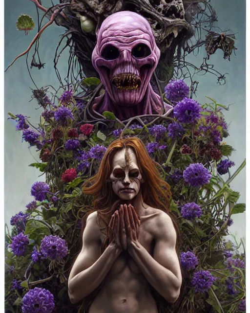 Prompt: the platonic ideal of flowers, rotting, insects and praying of cletus kasady ultimate carnage thanos dementor wild hunt doctor manhattan chtulu nazgul davinci, d & d, fantasy, ego death, detailed, intricate, hyperrealism, intense, scary, decay, dmt, art by artgerm and greg rutkowski and alphonse mucha