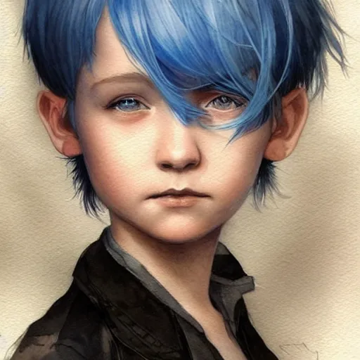 Image similar to child, young, blue hair, short hair, serious, intricate, ethereal, highly detailed, sharp focus, artstation, watercolor, by charlie bowater and ross tran