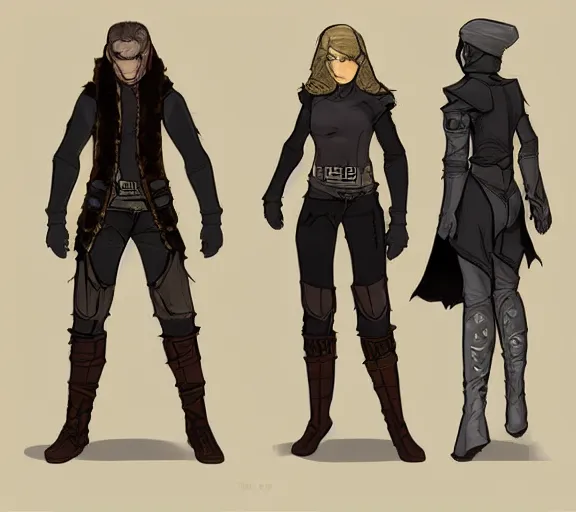 Image similar to video game concept art character sheet, high fantasy, rogue, thief, leather clothing