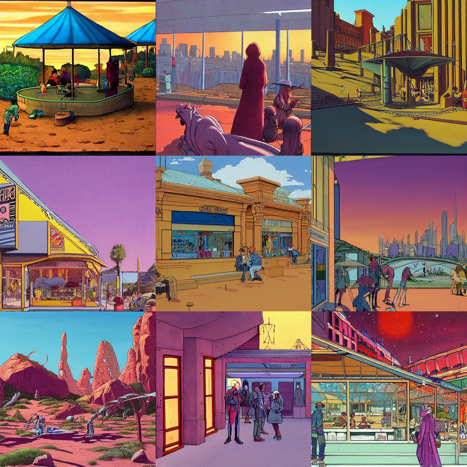 Prompt: a painting of an outdoor picninc in the iconic style of moebius