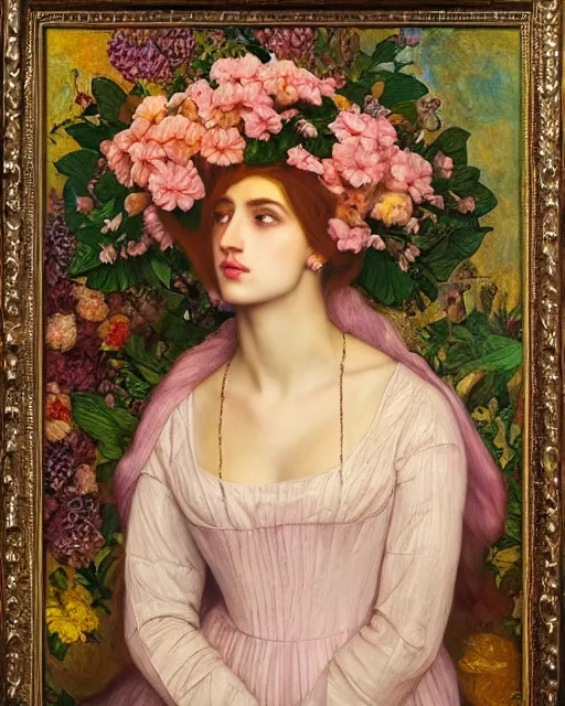 Image similar to masterpiece the queen of flowers by Dante Gabriel Rossetti, Aykut Aydogdu, Oil on canvas, highly detailed