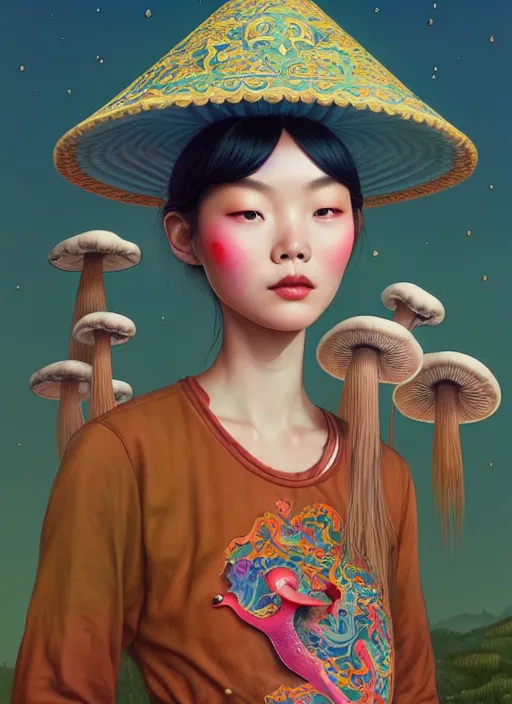 Image similar to pretty yunnan girl with mushroom : : by martine johanna and simon stalenhag and chie yoshii and casey weldon and wlop : : ornate, dynamic, particulate, rich colors, intricate, elegant, highly detailed, centered, artstation, smooth, sharp focus, octane render, 8 k