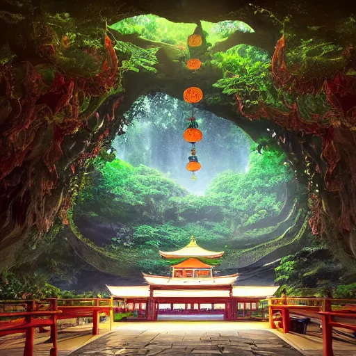 Image similar to japanese temple in lush cave with glowing emeralds and vines hanging from the ceiling, sharp focus, cinematic light, artgerm, cgsociety, desaturated, highly detailed