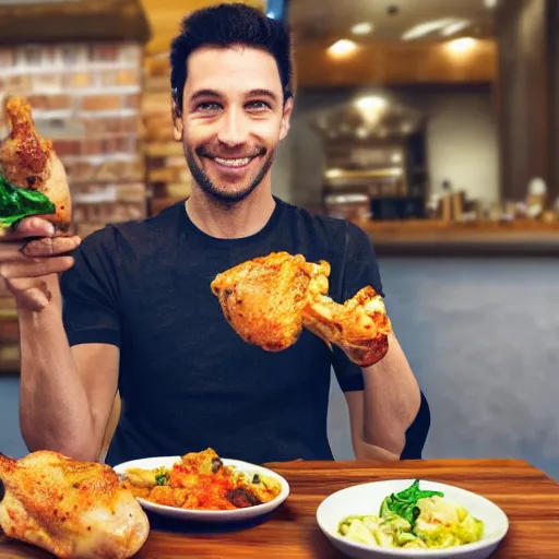 Image similar to a very skinny man feasting on chicken drumsticks