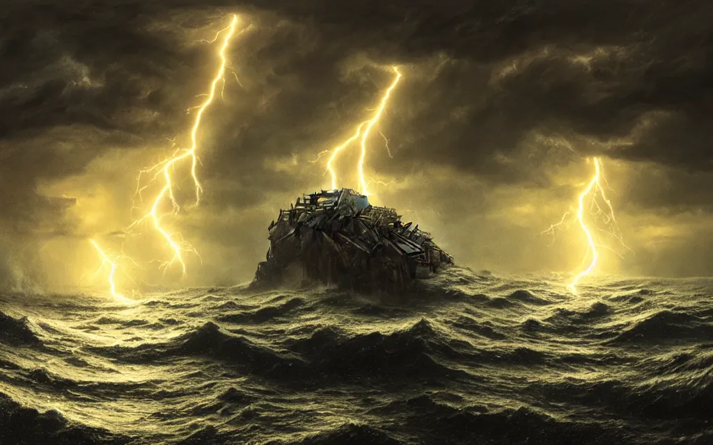 Prompt: concept art of a slimy cthulhu emerging from the ocean, thalassophobia, multiple illuminated lightning!!!, thunder!!!, sharp focus, ultra detailed, hyperrealism, volumetric, amazing depth, by jeremy mann, hr giger, unreal engine highly rendered, ominous, unsettling, misty, cinematic lighting, 8 k