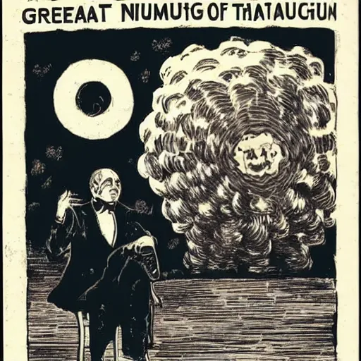 Prompt: the great magician of nuclear thaumaturgy watching a nuclear explosion thinking about what he has done.