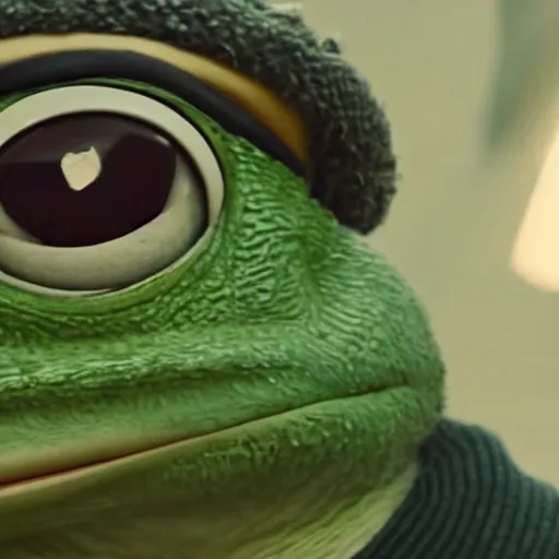 Image similar to pepe the frog in a movie directed by Christopher Nolan, movie still frame, promotional image, imax 70 mm footage