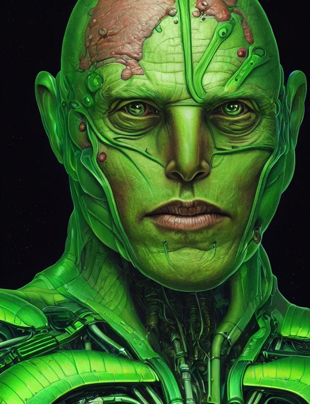 Prompt: a portrait of elon musk with green skin and mechanical gills, by moebius and tyler edlin and hr giger, trending on artstation, digital art, 4 k resolution, detailed, high quality, sharp focus, hq artwork, coherent, insane detail, concept art