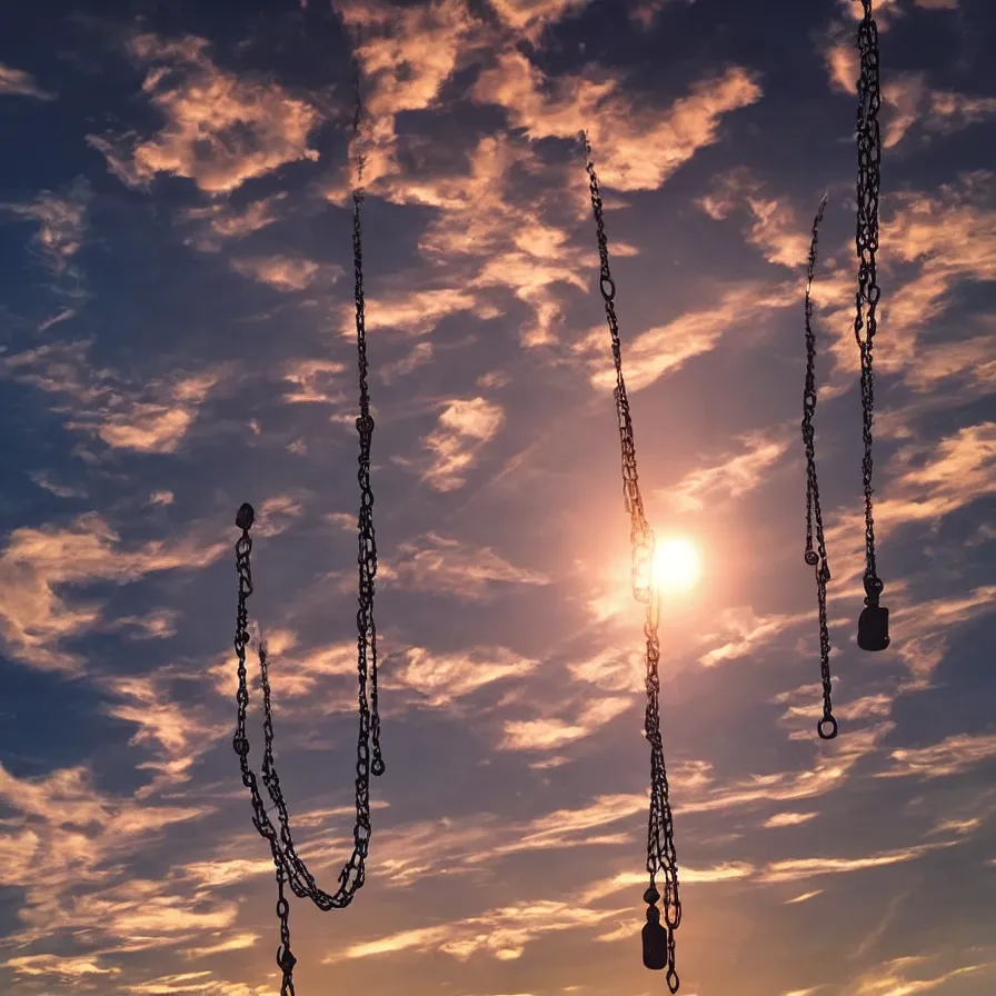 Image similar to beautiful blimps!!! high in the sky, copper chains hanging from the edges, ( ( ( steampunk styled ) ) ), ( ( golden hour ) ), steam clouds, clouds, award winning photography, highly detailed, low poly, extremely wide angle